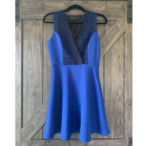 Blue A-Line cocktail dress with black lace detail